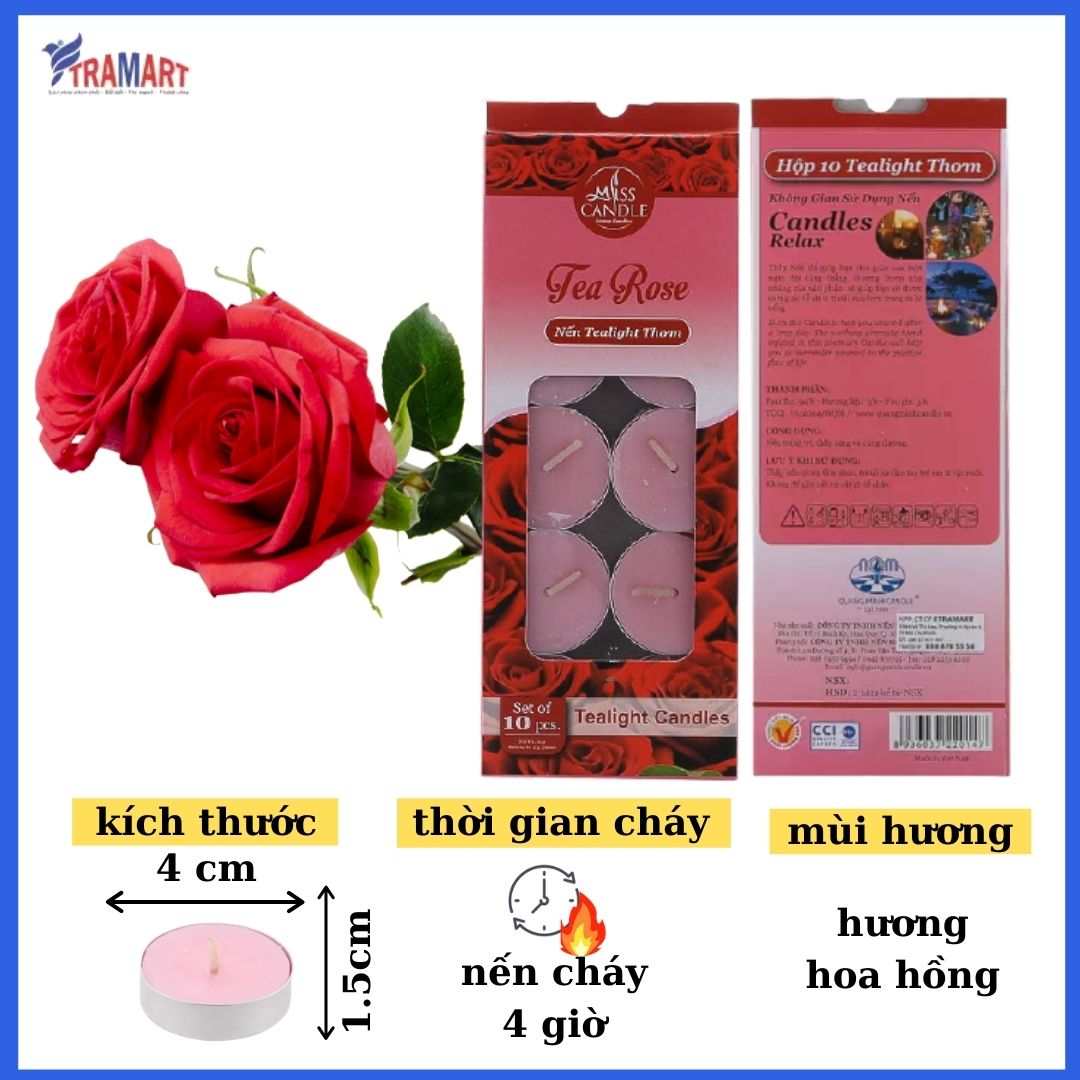 [HCM] candle scented tealight box 10 candle ftramart MIC0147 Tea Rose (Rose Incense) candle smokeless material paraffin wax help burst essential oils aromatherapy room and home décor or making gift.