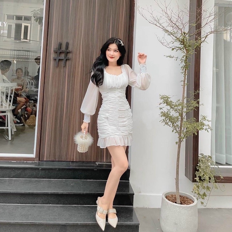 ĐẦM TRẮNG TAY DÀI, TÙNG NHÚN (có ảnh thật) MS78