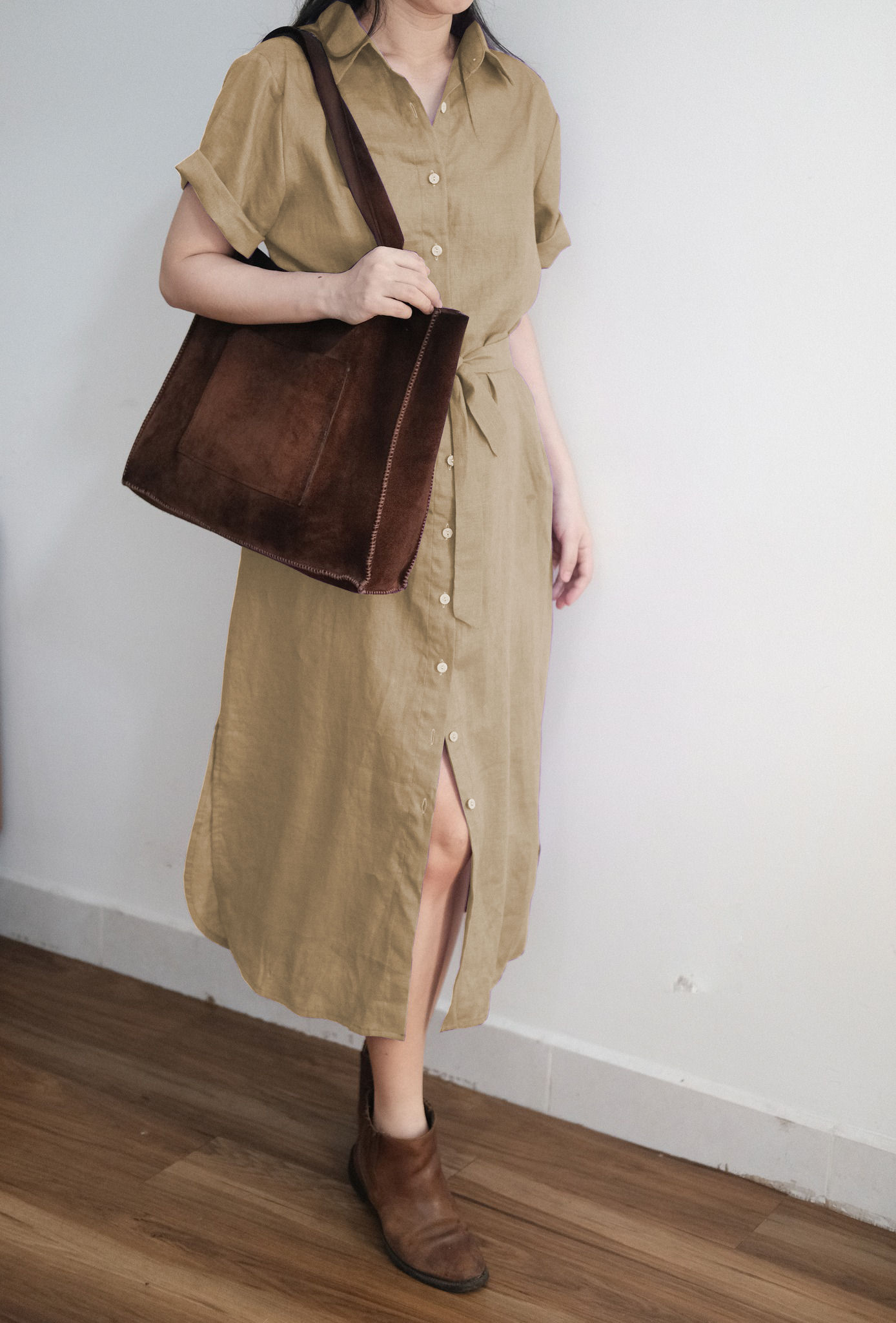Đầm suông sơ mi Linen Hàn tay cộc dáng dài đuôi tôm chất vải Linen nhập Hàn mềm mát xịn xò