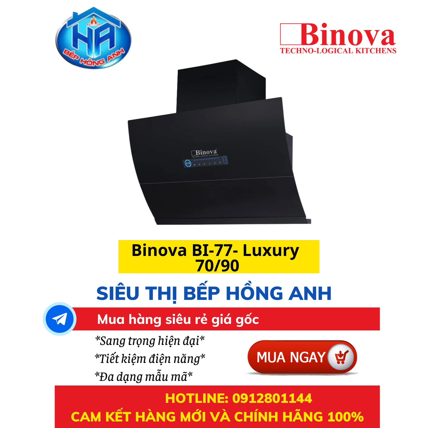 Máy hút mùi binova bi-77- luxury 70/90 - màu đen tinh tế, sang trọng - hàng chính hãng