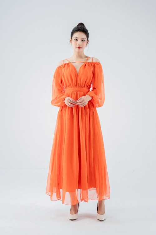 Đầm voan cam trễ vai thời trang SIXDO (Orange Off-shoulder Midi Voile Dress)