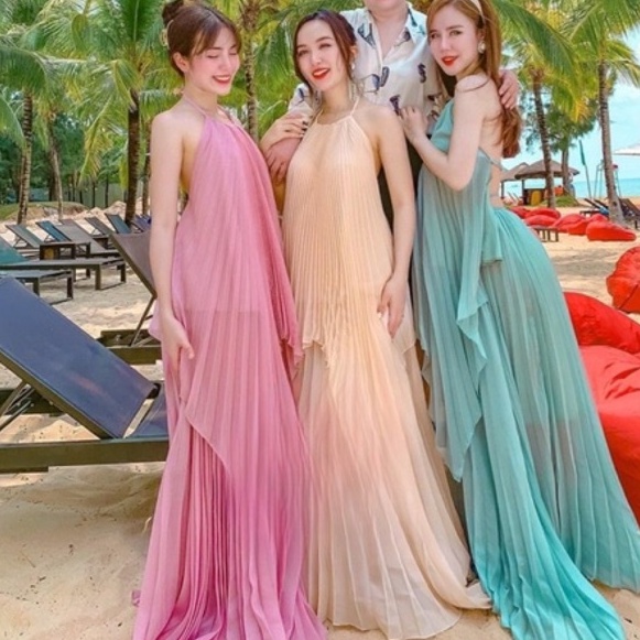 Sét đầm maxi đi biển dập ly 3 màu - Maxi Ngọc Lan