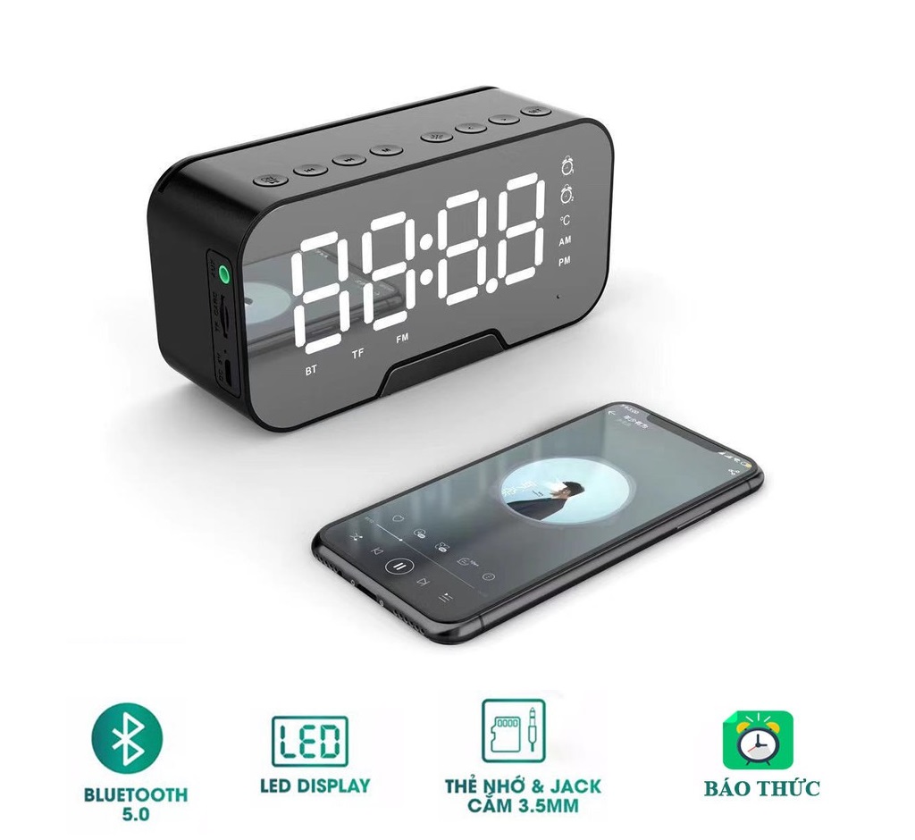Loa Bluetooth Kiêm Đồng Hồ K10 Mặt Gương Hiển Thị Đèn Led - Giá Đỡ Điện Thoại - Đồng Hồ Báo Thức Chất Lượng Âm Thanh Cao Chống Ồn Và Tăng Cường Âm Bass