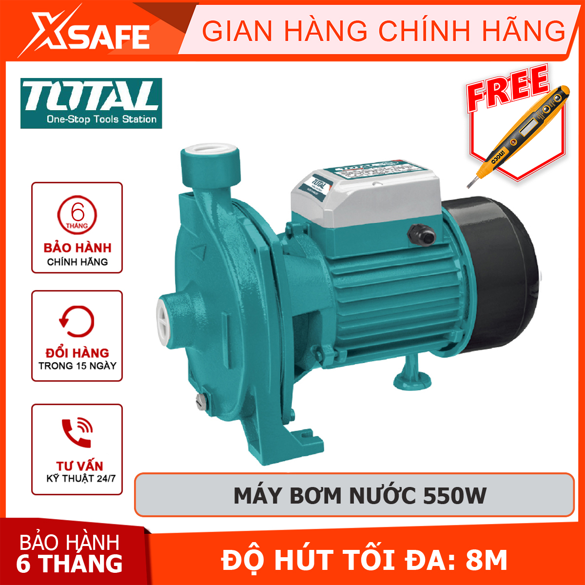 Water pump total TWP25506 water pump electric power 550W pumping height 25 meters flow 100L/minute Độ worms 8m. Support push water source, increasing the pressure line water pipe