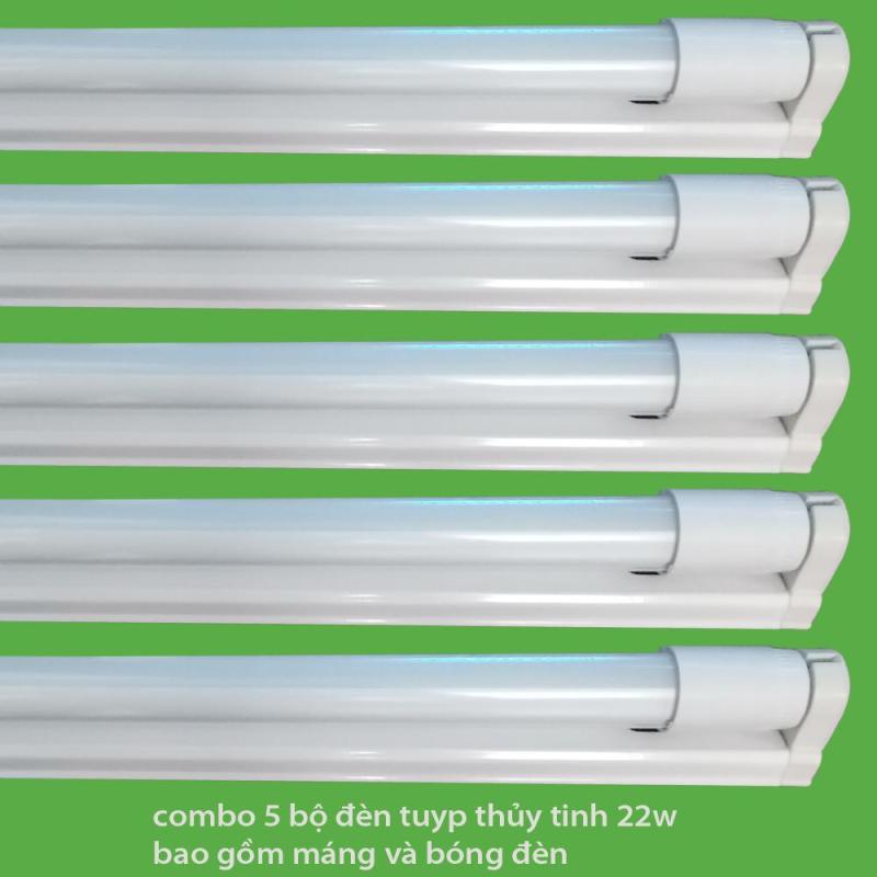 Bộ 5 Bóng đèn led Tuýp thủy tinh 22W 1,2m, (ánh sáng trắng)+ 5 Máng đèn led tuýp 1.2m