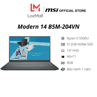 Laptop MSI Modern 14 B5M-204VN (R5-5500U | 8GB DDR4 | SSD 512GB PCIe | VGA Onboard | 14.1 FHD IPS | Win11|Carbon Gray) - Hàng Chính Hãng - Bảo hành 1 năm