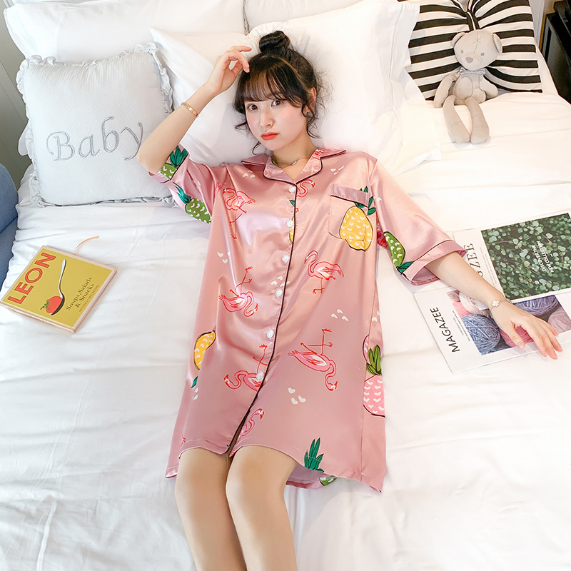 Đầm ngủ lụa satin kiểu sơmi form suông freesize (nhiều mẫu)