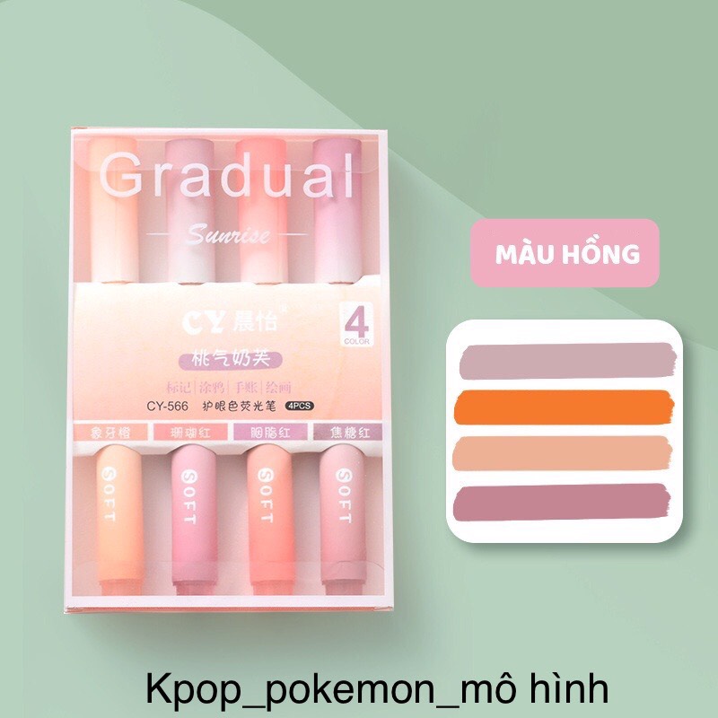 Set 4 bút highlight, bút dạ quang hộp 4 bút gradual đánh dấu nhớ dòng nhiều màu