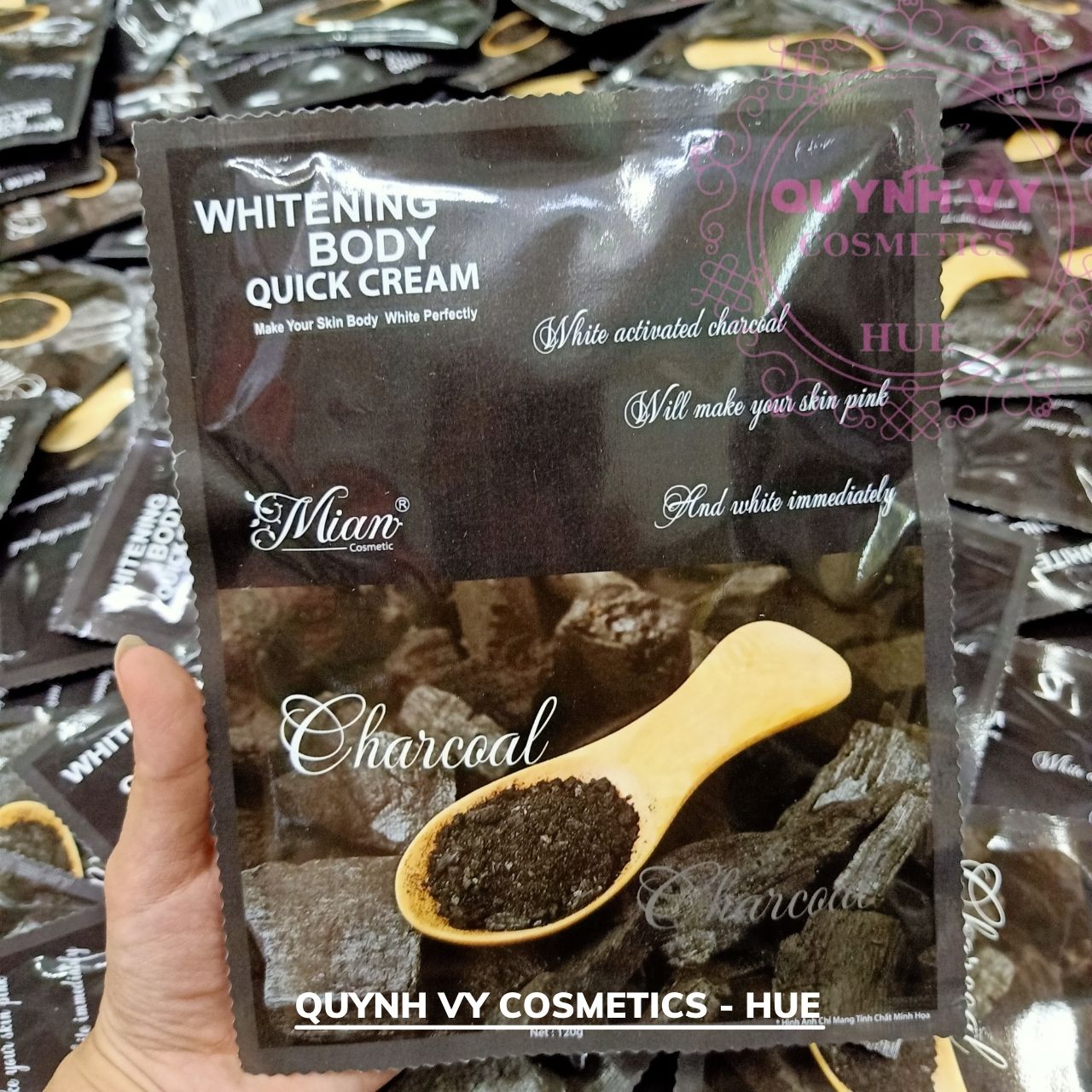 Kem tắm trắng toàn thân whitening body quick cream, quynh vy cosmetics - hue, kem tắm trắng mian tinh chất than hoạt tính, tắm trắng bật tone từ lần tắm đầu tiên, tắm là trắng, tắm trắng than tre