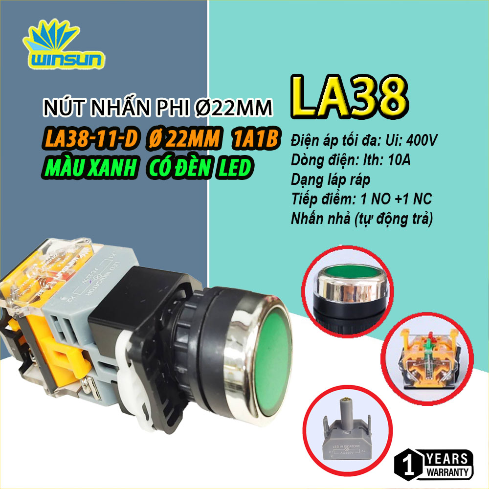 Nút nhấn nhả, nhấn giữ có đèn, không đèn phi 22 mm LA38