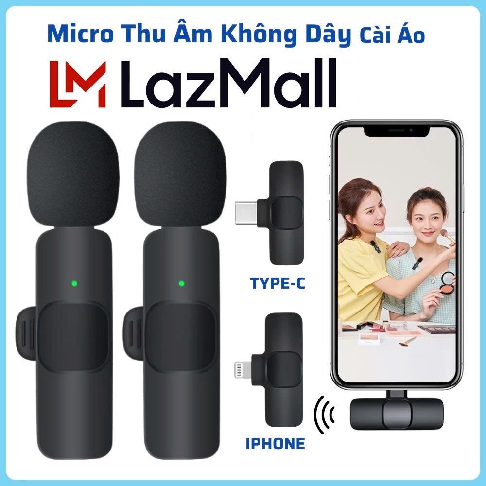 LazMall Shopping Bộ 2 Micro Không Dây Đa Năng Type-c Và Lightning Mic Thu Âm Không Dây Cài Áo Lọc Tiếng Ồn – Khoảng Cách Thu Âm Xa Ổn Định, Khử Tiếng Ồn Thông Minh LazMall Chính Hãng