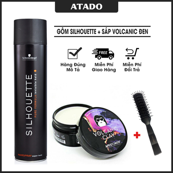 Combo Gôm xịt tóc nam Silhouette + Sáp vuốt tóc Volcanic Clay Đen + Lược tạo kiểu ATADO nhập khẩu