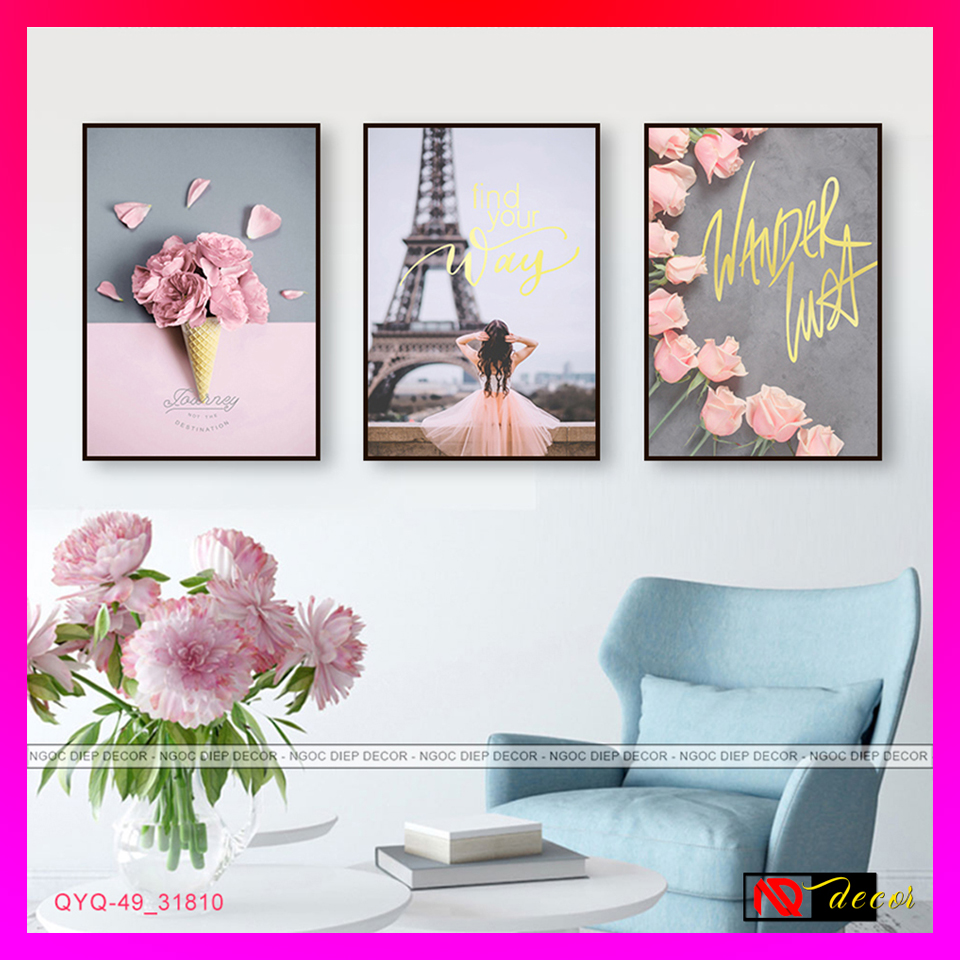 Tranh dán tường  3 bức phong cách hiện đại, tranh in sắc nét rực rỡ, kích thước 40x60x3