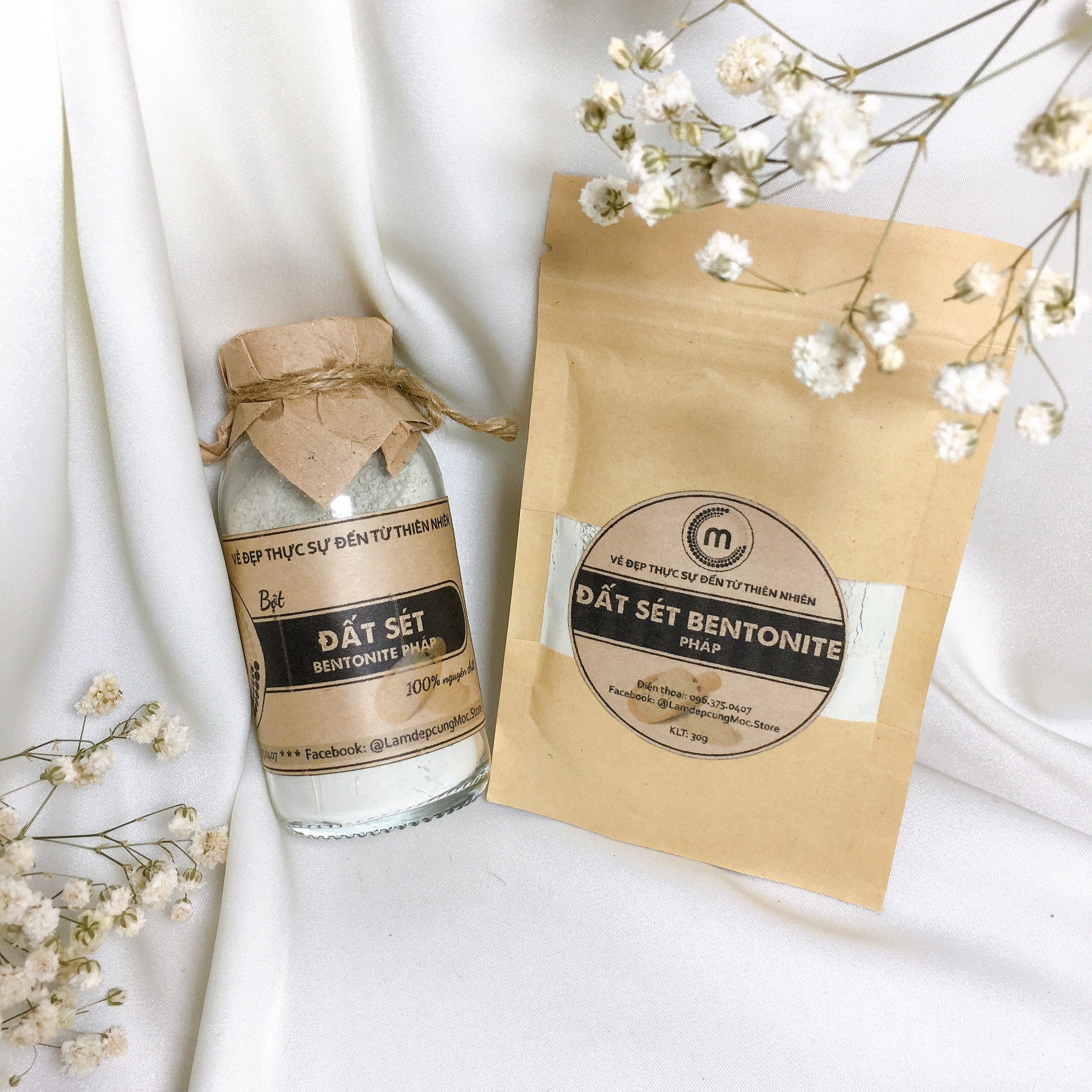 Bột Đất Sét Bentonite Pháp thiên nhiên MỘC đắp mặt nạ nguyên chất giảm mụn làm sạch sâu thải độc túi dùng thử 10g và 30g