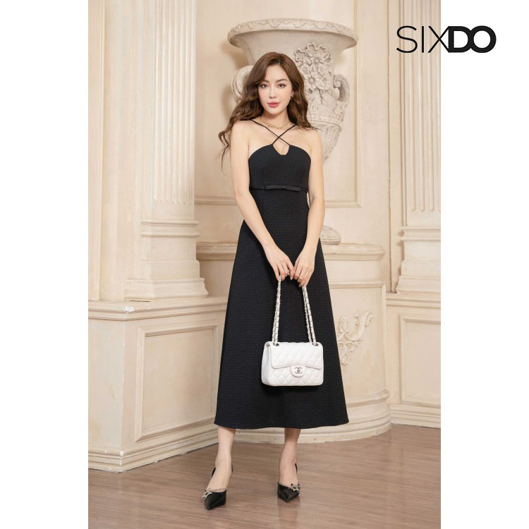 Đầm midi cổ yếm đen phối nơ thời trang SIXDO (Black Halter Neck Midi Woven Dress)