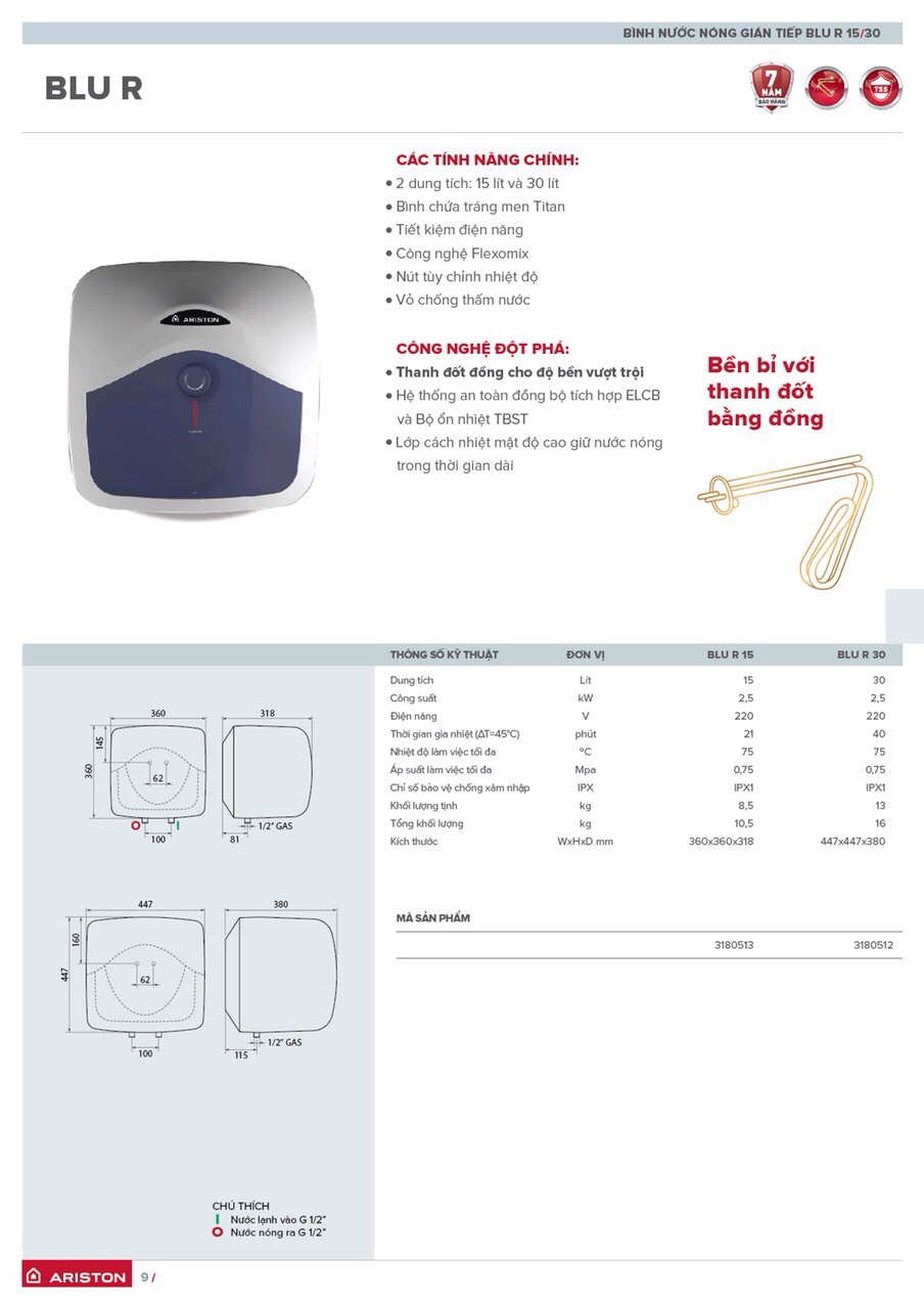 Bình nóng lạnh Ariston 30lit vuong Blu 30R(http://tongkhobepchauau.vn/)