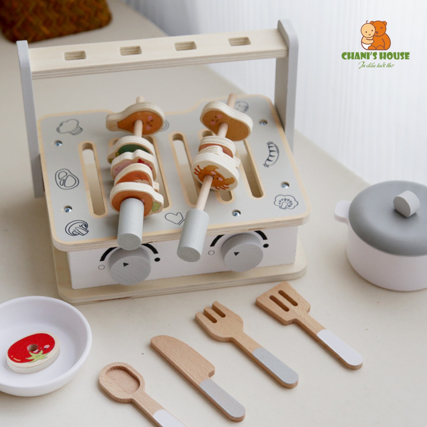 Đồ chơi bếp nướng bbq cho bé bằng gỗ - mô phỏng dụng cụ, trò chơi đồ hàng