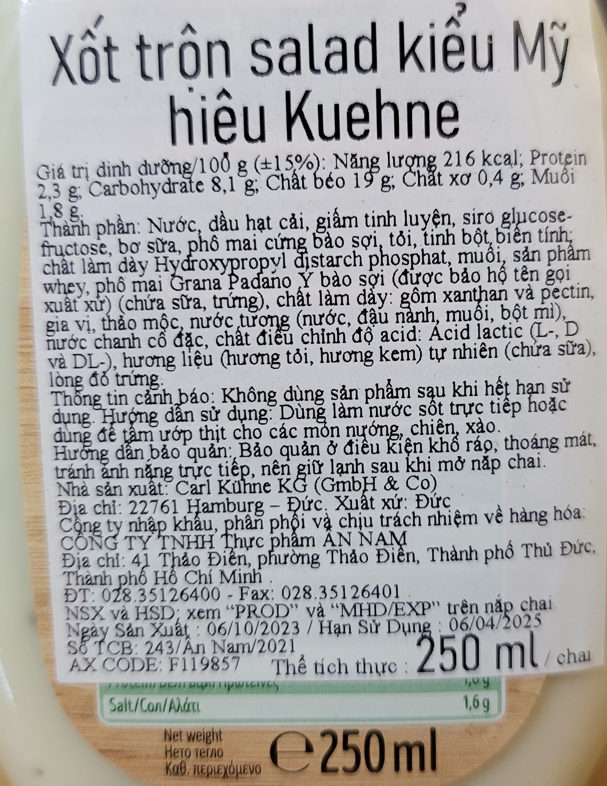 KUEHNE (chai CAESAR 250ml) SỐT TRỘN SALAD KIỂU MỸ American Caesar Dressing