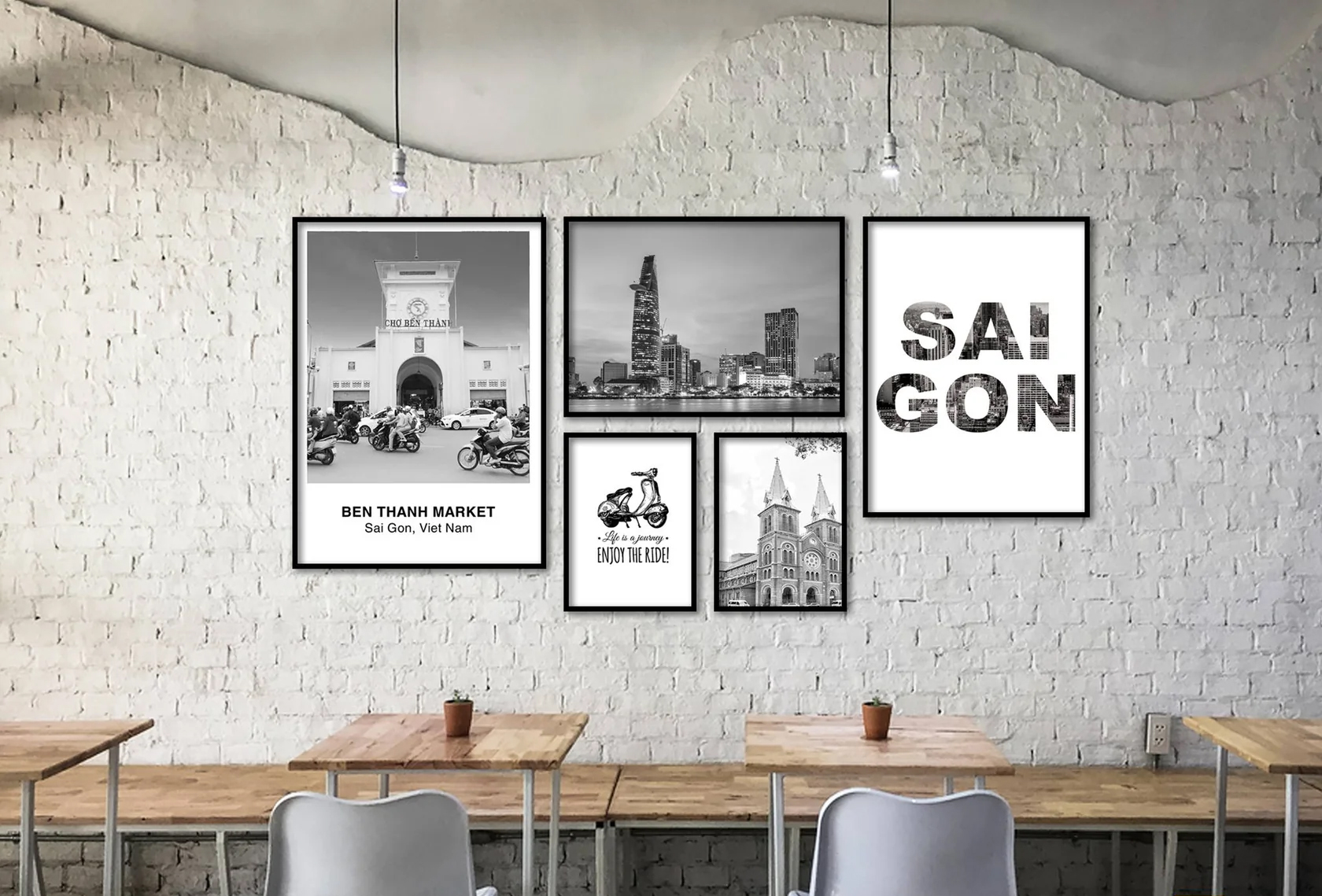 Bộ khung ảnh treo tường sài gòn trắng đen 1 có tặng kèm đinh 3 chân