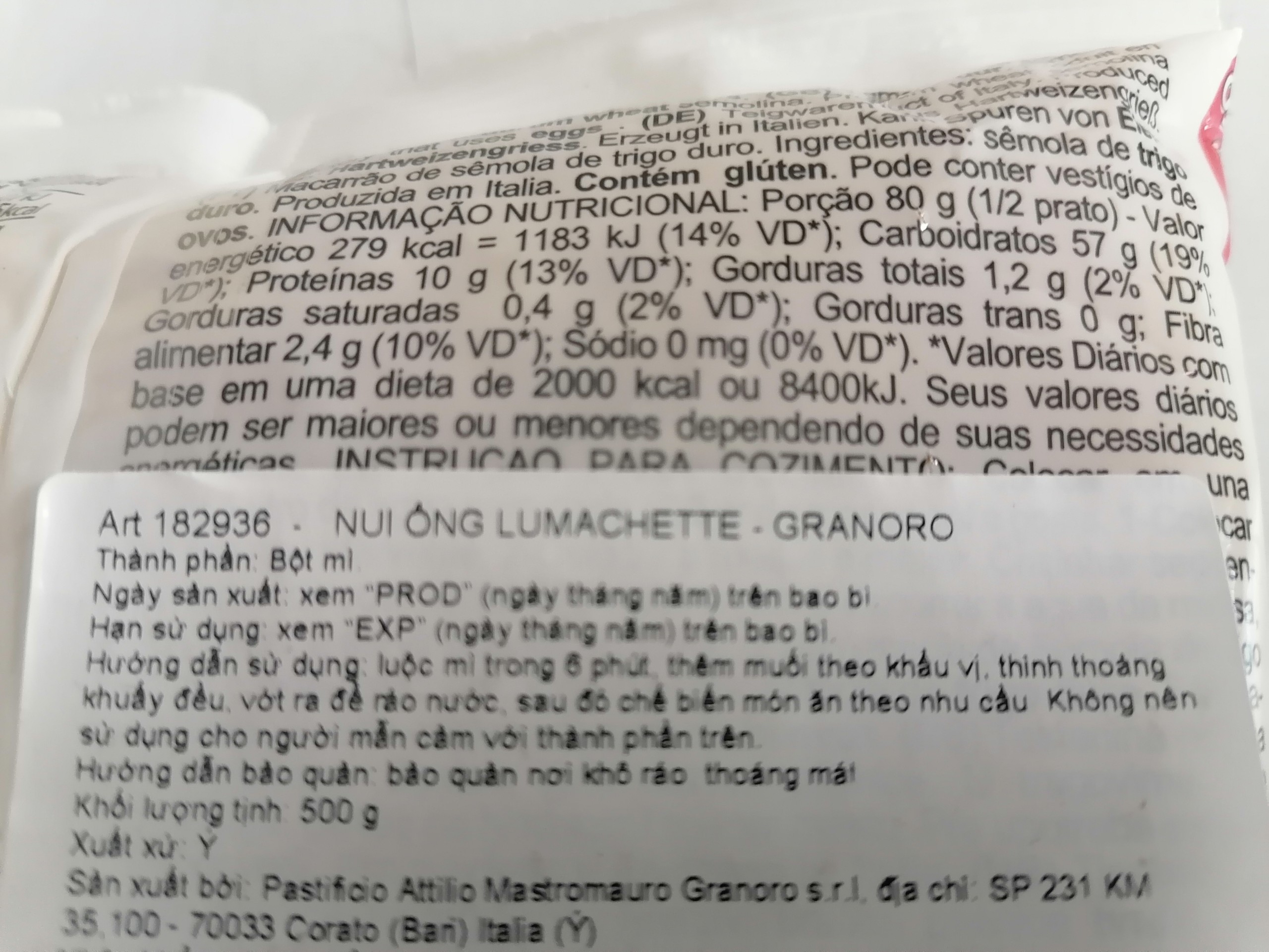 [500g – LUMACHETTE] NUI ỐNG [Italia] GRANORO Durum Wheat Semolina Pasta (bph-hk)