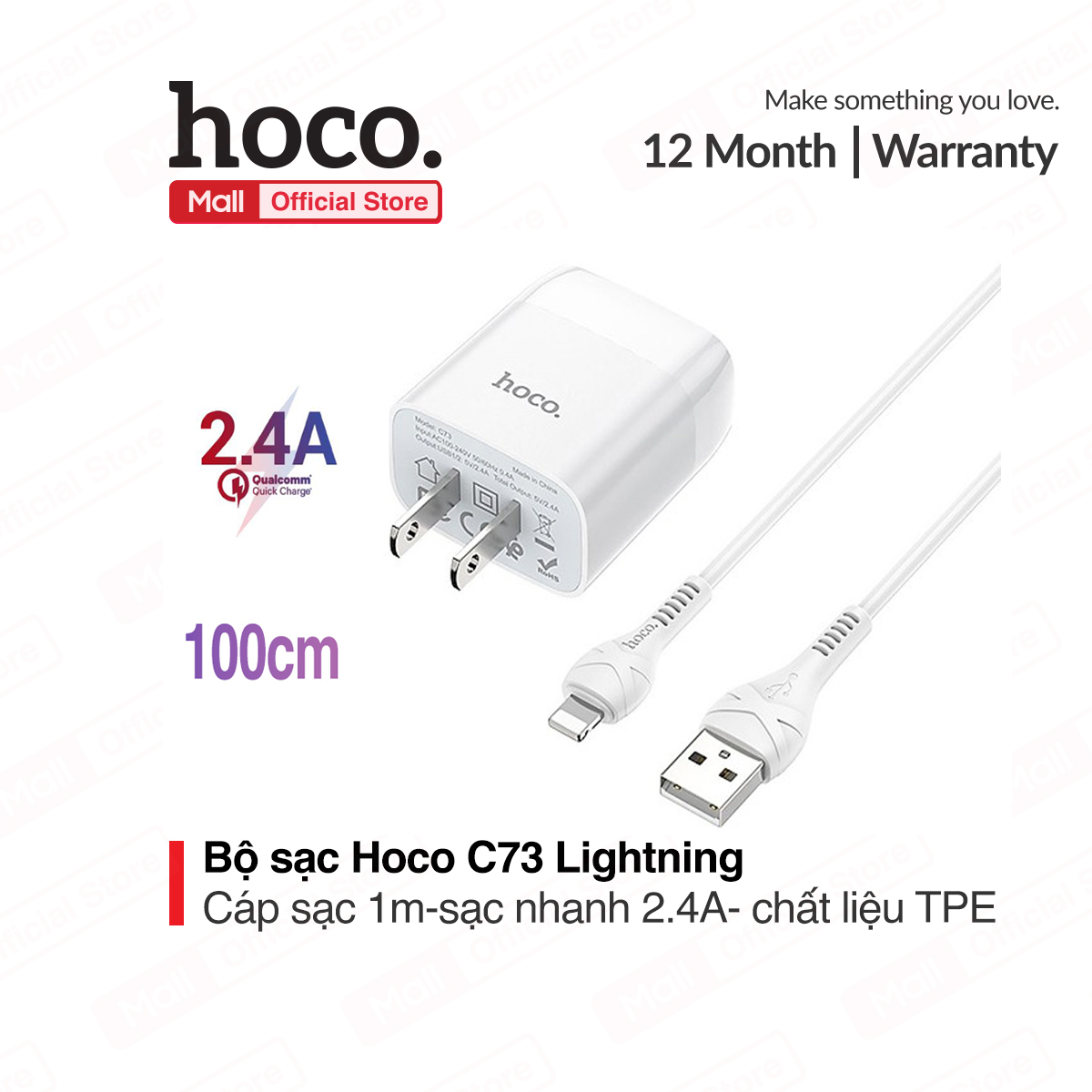 Bộ củ sạc USB Hoco C73 hỗ trợ sạc nhanh 2.4A bao gồm cáp X37 (Micro USB hoặc Lightning) dài 100cm