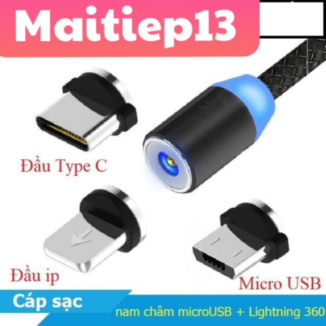 CÁP SẠC TỪ HÚT NAM CHÂM ĐẦU MICRO USB, TYPE C VÀ IPHONE 360 ĐỘ DÂY DÙ -A&T stores