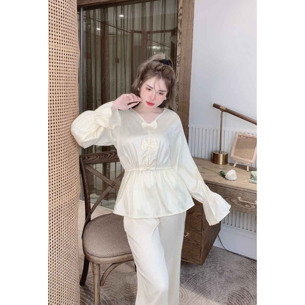 Đồ bộ tiểu thư nơ tay dài dáng peplum lụa xước Freesize