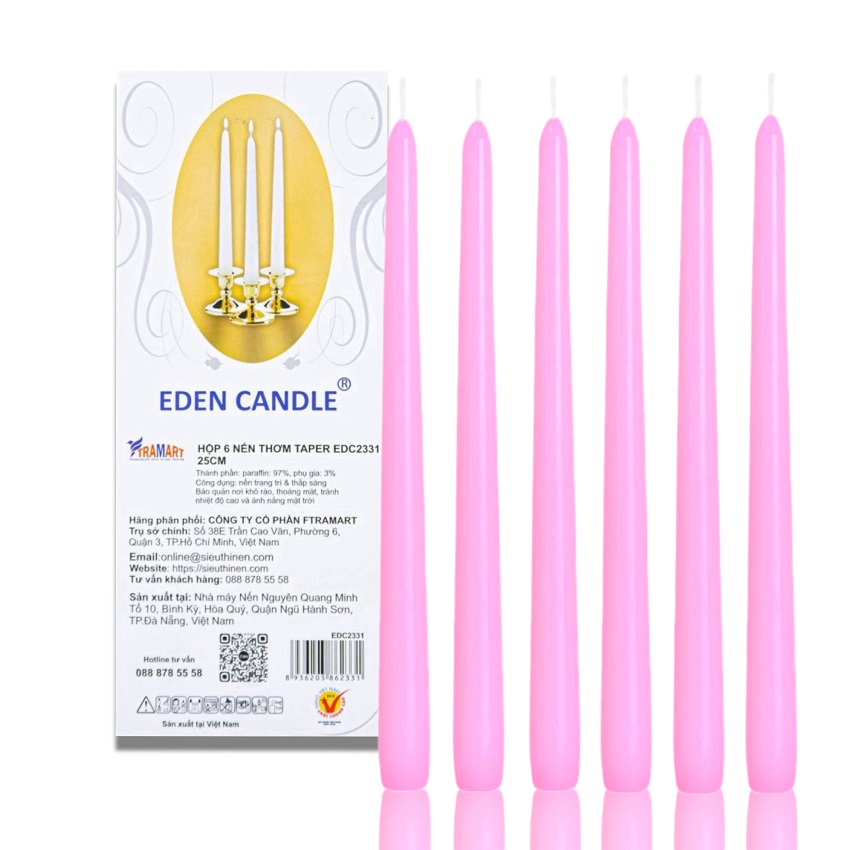Hộp 6 cây nến thơm taper Quang Minh Candle NQM1991 23cm (Hồng)