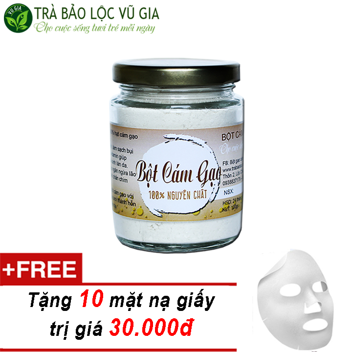 Bột Cám Gạo Nguyên Chất Vũ Gia (100g) + Tặng 10 Mặt nạ giấy  - Dưỡng da hiệu quả, giữ ẩm lâu, tái tạo da chết, phục hồi tổn thương sau mụn - Đã được kiểm nghiệm y tế