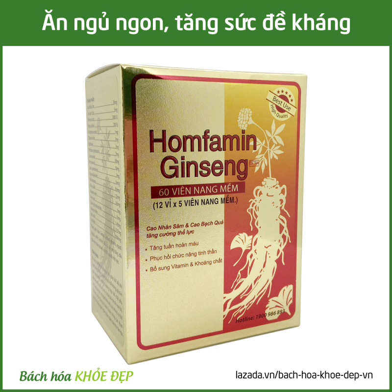 Viên uống Homfamin Ginseng Cao Nhân Sâm Cao Bạch Quả tăng sức đề kháng, bồi bổ cơ thể, ăn ngủ ngon, tăng tuần hoàn máu - Hộp 60 viên bổ sung vitamin và khoáng chất