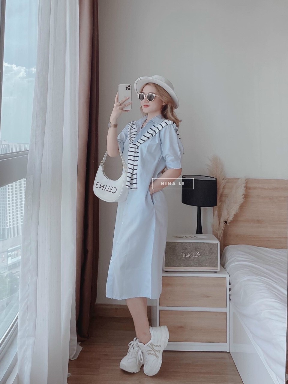 [New Sales 2024] Đầm Suông Xanh Sơ Mi  Lụa Dày Phối Sọc Cổ Áo Giả