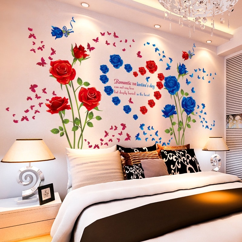 [HCM]DECAL DÁN TƯỜNG ĐÔI HOA HỒNG NHUNG ĐỎ VÀ XANH