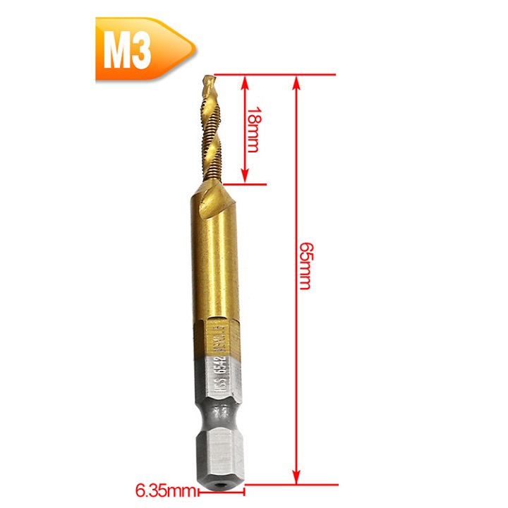 Set 6. Drill Bits, Taro M3-M10, Used for Fast Drilling of Threaded Holes. Material: Hss Steel, Heat-Resistant Gold Titanium Coating. Tn655