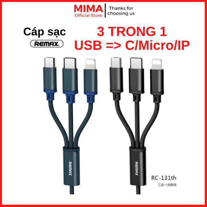 Cáp sạc nhanh remax 3 đầu đa năng 3 in 1, cáp sạc 3 trong 1 lighting- micro usb- type c