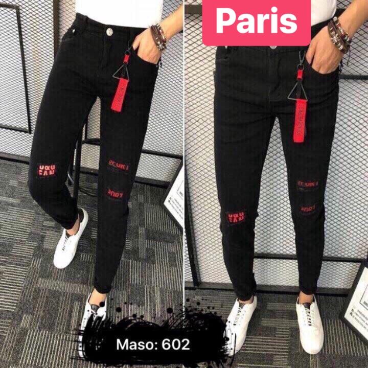 QUẦN JEAN NAM CHẤT BÒ ĐEN PHỐI HỌA TIẾT ĐỎ THÁP EIFFEL PR-602 CAO CẤP - PARIS FASHION