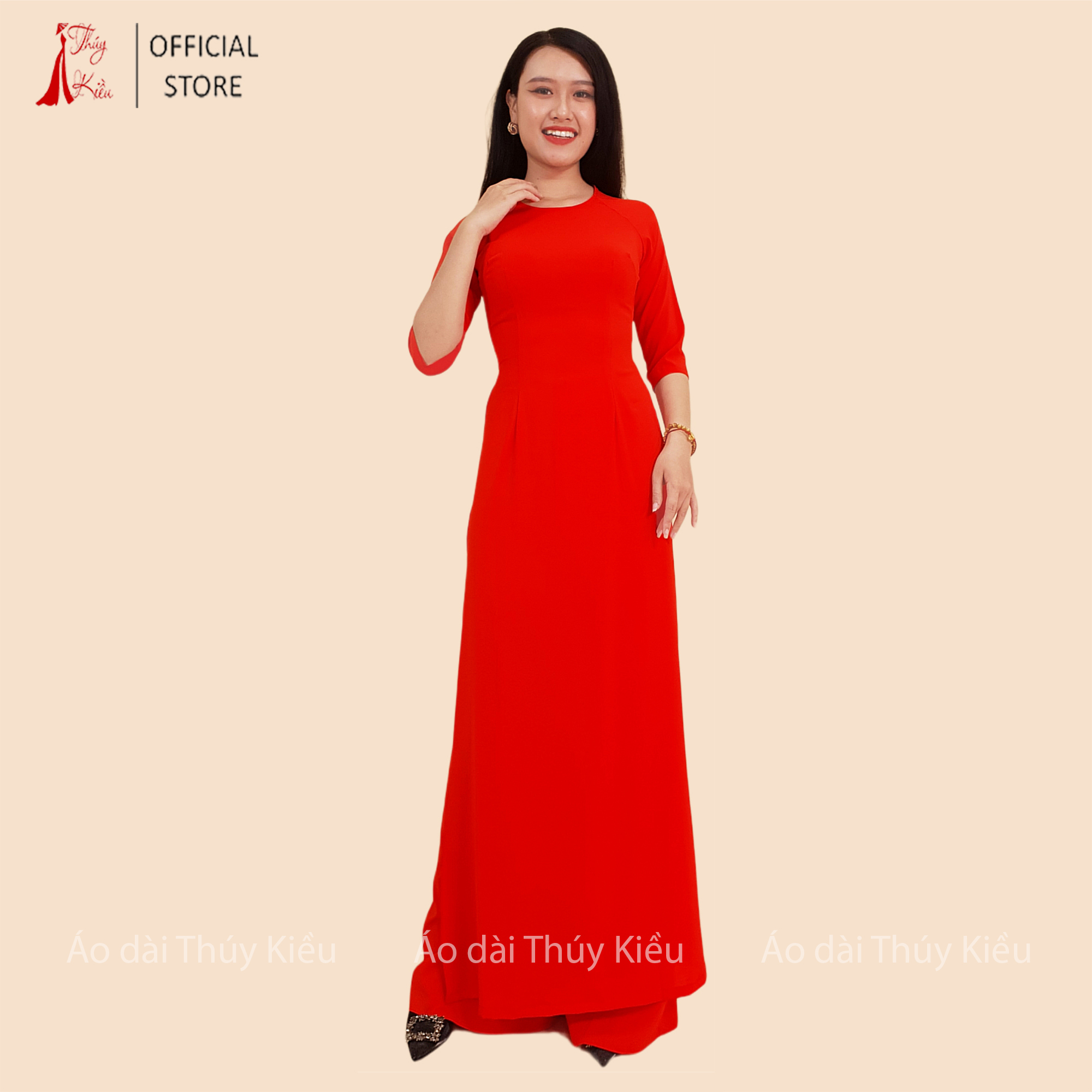 Áo dài trơn lụa Nhật cổ tròn màu đỏ cam AK29 ❤️FREESHIP❤️ mềm mại, co giãn, thấm hút mồ hôi, áo dài truyền thống, áo dài giá rẻ