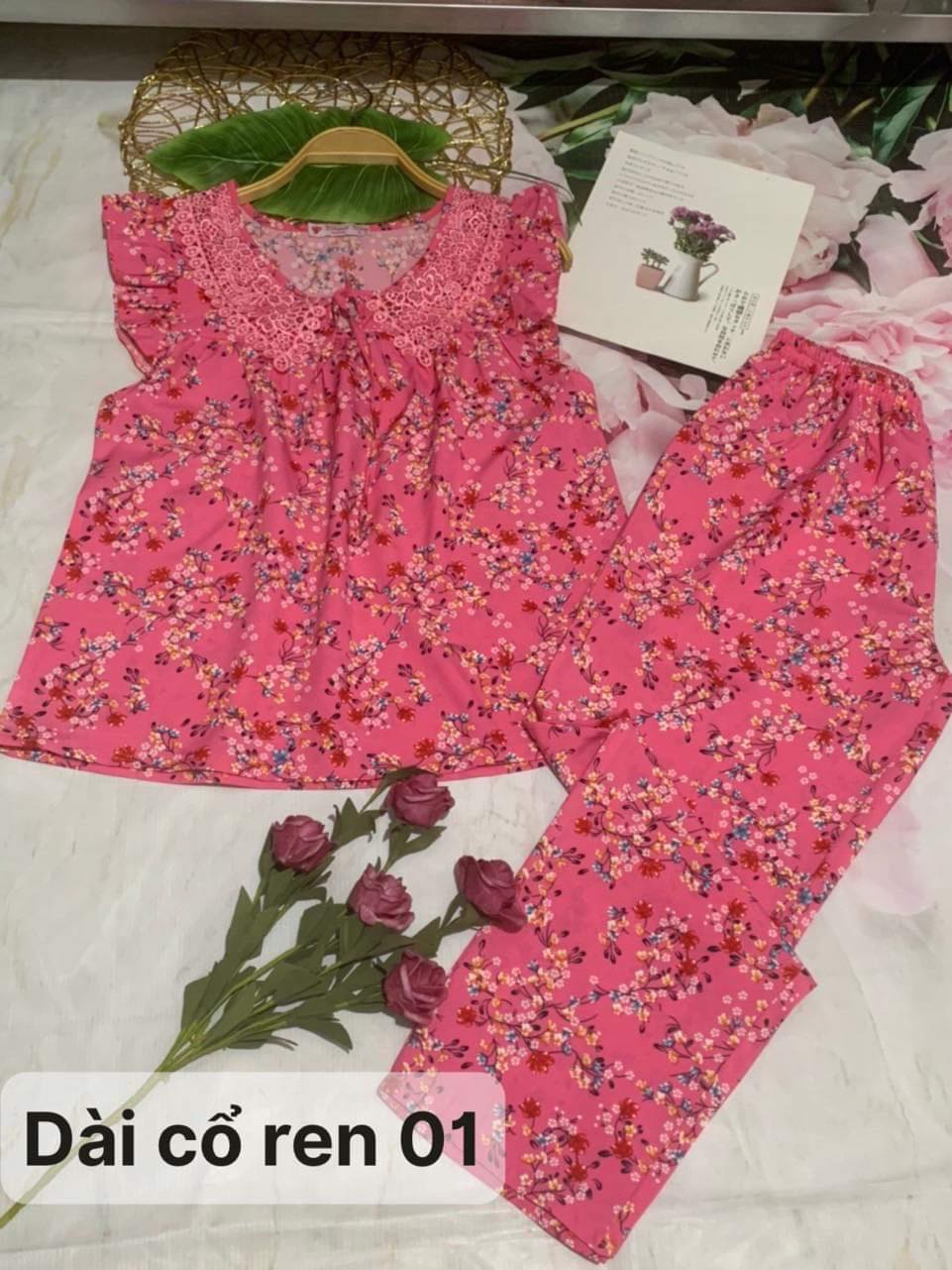 đồ bộ  cổ ren tay cánh tiên quần dài   , đồ bộ dài, đồ bộ lụa , lụa hàn