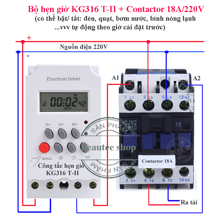 Bộ công tắc hẹn giờ tự động công suất lớn gồm công tắc hẹn giờ Kg316t-II và contactor 18A/220V