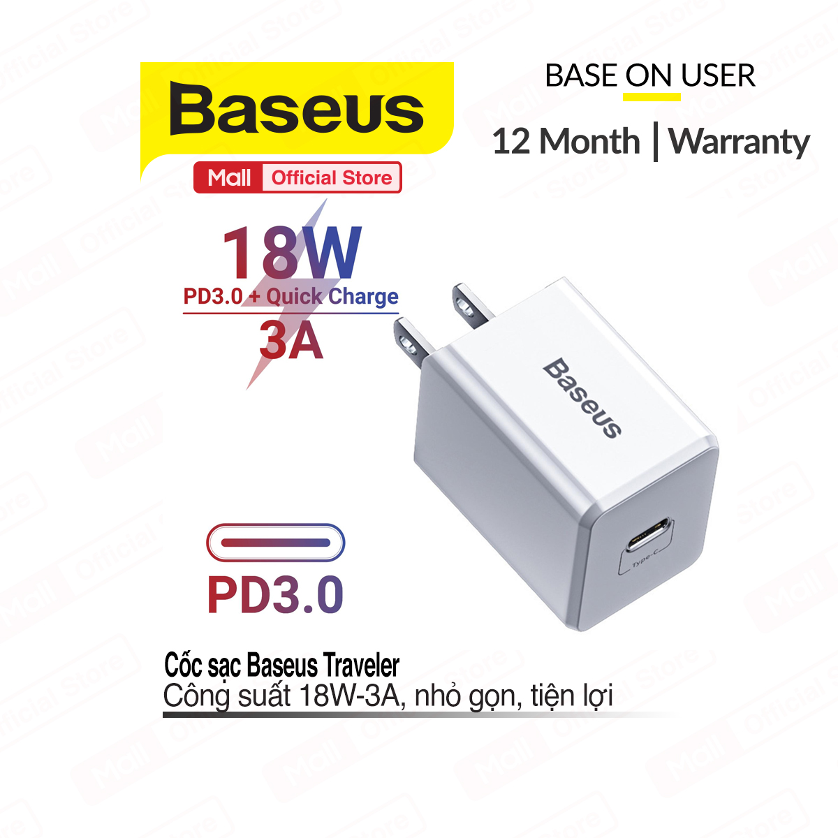 Củ sạc nhanh du lịch Baseus Traveler PD Quick Charger PD3.0 Quick Charge (PD3.0, 18W, 3A), chân sạc gập gọn, củ sạc Type C
