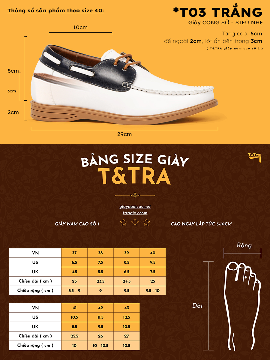 [ 5CM ] Giày Độn Nam T&TRA T03T
