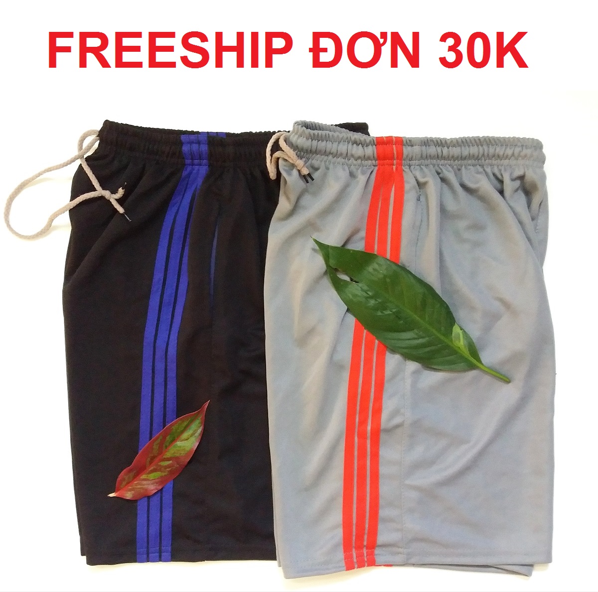 BỘ 2 QUẦN SHORT NAM, QUẦN ĐÙI NAM,  KIỂU THỂ THAO, PHỐI 3 SỌC- VẢI THUN DÀY DẶN, CO GIÃN NHẸ, THẤM HÚT MỒ HÔI, THOÁNG MÁT,  CÓ DÂY RÚT VÀ 2 TÚI HÔNG