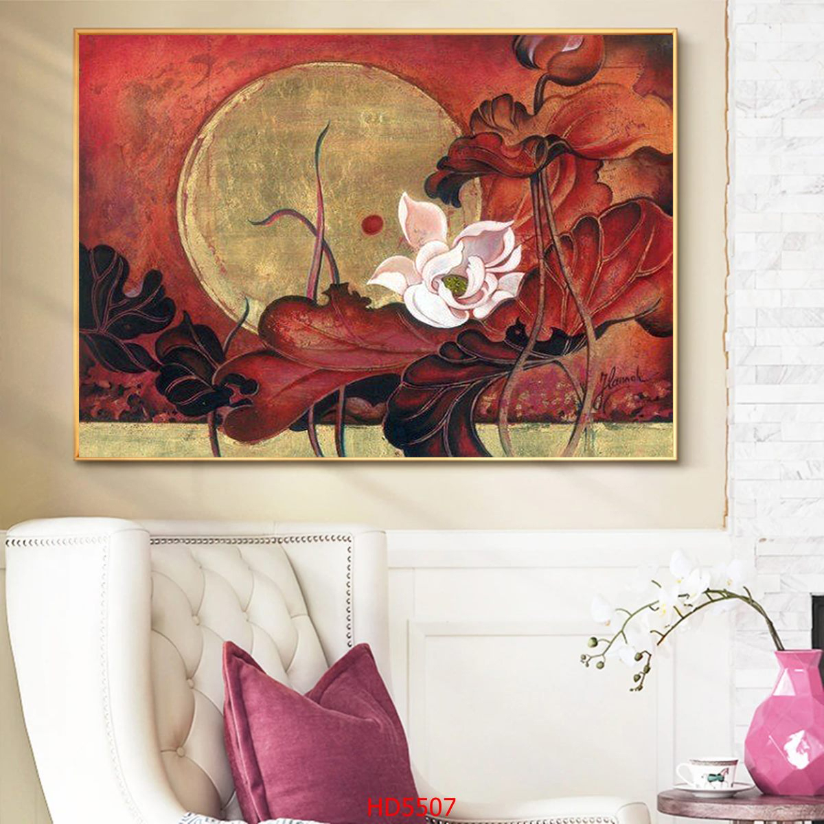 Tranh canvas treo tường mẫu hoa sen trắng nền đỏ nghệ thuật indochine 80x 60 cm