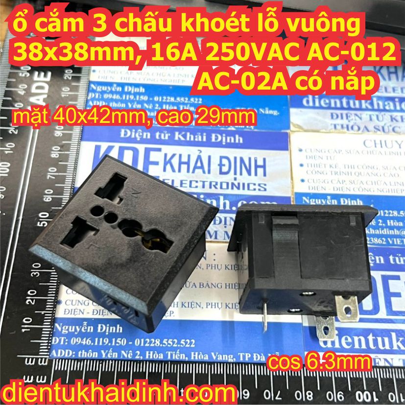 2 cái ổ cắm điện ac 3 chấu khoét lỗ vuông 38x38mm, 16a 250vac ac-012 ac-02a kde5393
