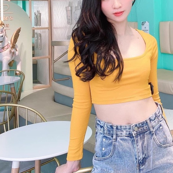 Áo thun lụa tay dài cổ vuông dáng croptop xinh tôn dáng cực mát xinh