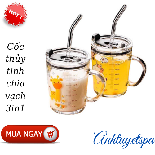 Cốc thuỷ tinh 3in1 400ml siêu tiện lợi, Cốc uống sữa thủy tinh có chia vạch cho bé