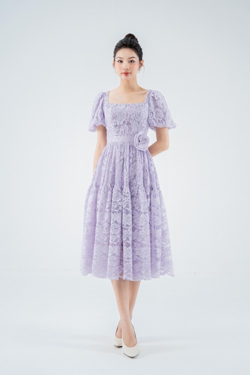 Đầm ren tím tay phồng thanh lịch SIXDO (Light Purple Midi Lace Dress)
