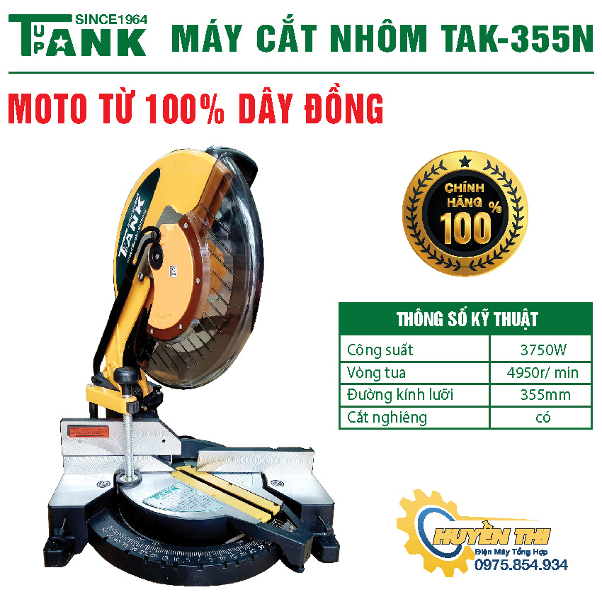 [Tặng Kèm Ốp Chống Văng] Máy cắt nhôm chạy từ TAK-355N, máy cắt nhôm không chổi than,  đường kính lưỡi 355, công suất 3750W moter 100% dây đồng, tặng ốp chống văng 150k ( Có cắt nghiêng 45 độ )