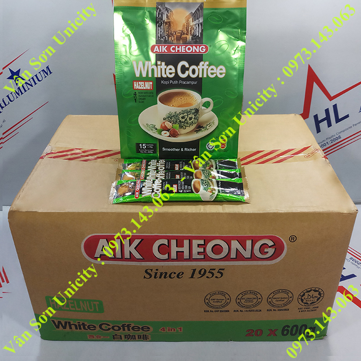 Thùng Cà phê trắng vị Hạt Phỉ (Hazelnut) Aik Cheong 20 bịch 600g (15 gói dài x 40g)