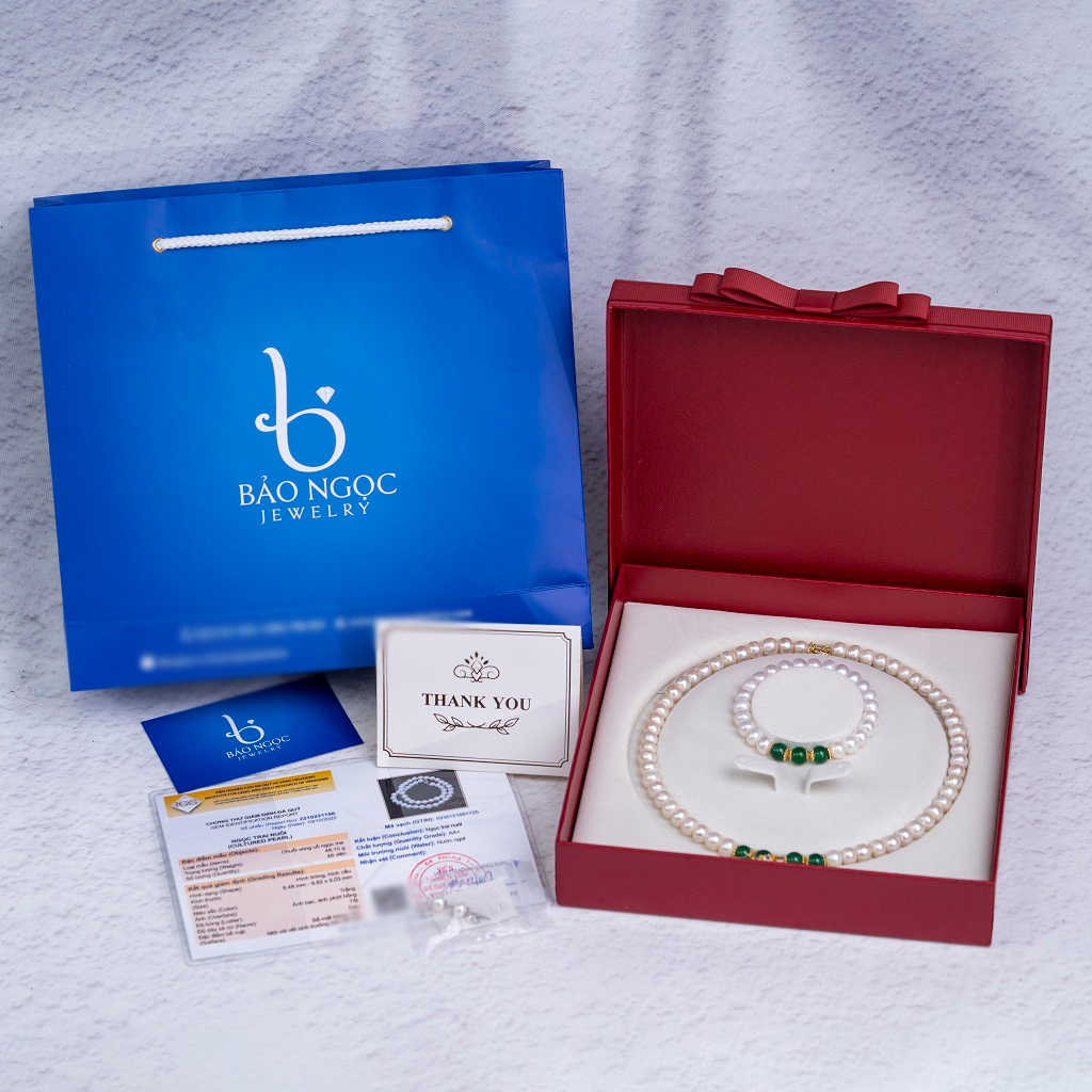 Vòng Cổ Ngọc Trai Nước Ngọt Kết Hợp Đá Mã Não Xanh Sang Trọng, Vòng Cổ Ngọc Trai Thật Quà Tặng Bà - Mẹ - BNJ1308 - Bảo Ngọc Jewelry