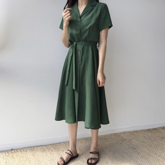 Đầm sm xanh rêu thắt eo